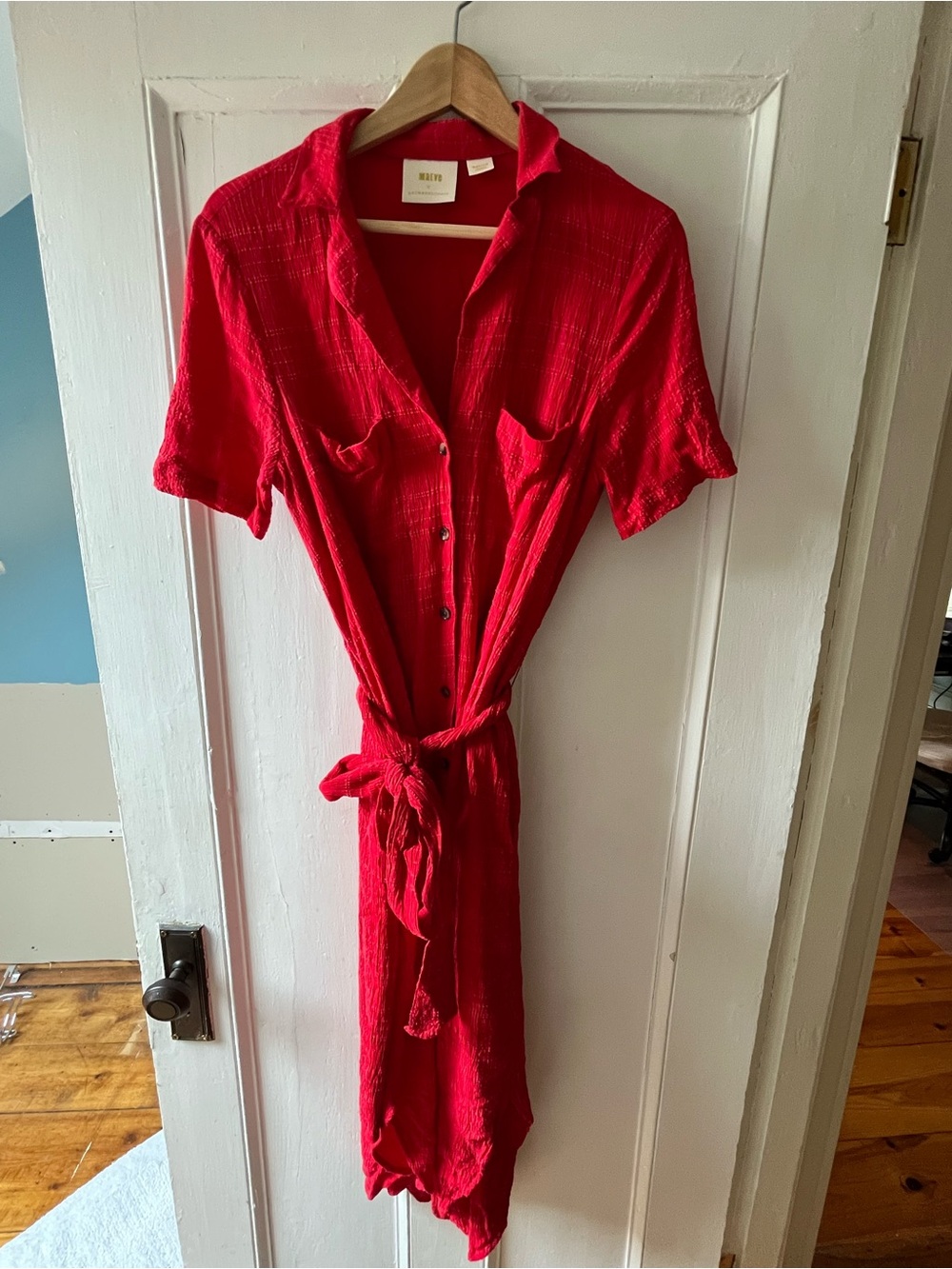Anthropologie Vibrant Red Midi Button-Front Tie Dress
